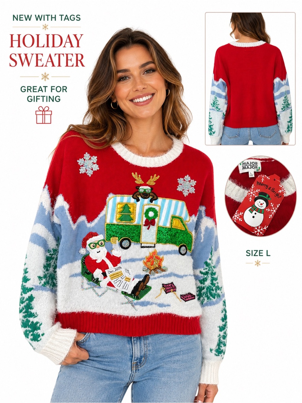 NWT Christmas Camper Santa Sequin Sweater Size Large Giftable Holiday Knit